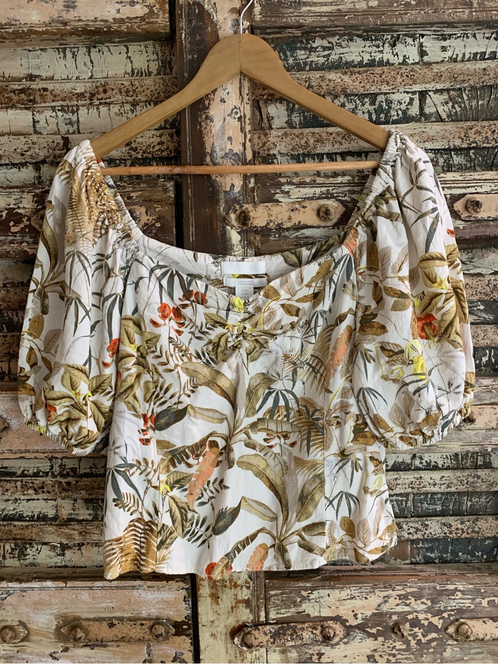H&M Cream Linen Blend Botanical Puff Sleeve Blouse Tropical Palm Off Shoulder, M